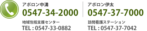 アポロン中溝：0547-34-2000　アポロン伊太：0547-37-7000